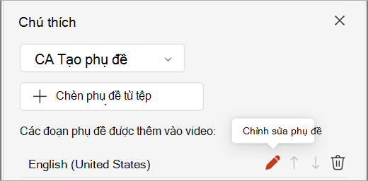 Nút Chỉnh sửa phụ đề cho bản nhạc phụ đề trong ngăn Phụ đề.