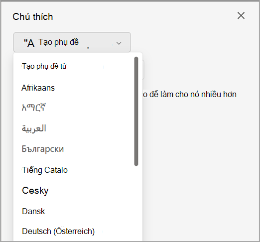 Tạo danh sách thả xuống phụ đề trong ngăn Phụ đề.
