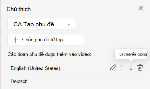 Nút Di chuyển xuống cho bản nhạc phụ đề trong ngăn Phụ đề.
