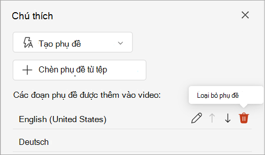 Nút Loại bỏ phụ đề cho bản nhạc phụ đề trong ngăn Phụ đề.