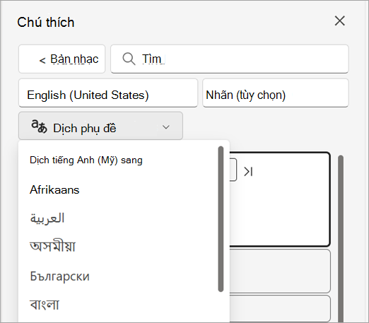 Dịch danh sách thả xuống phụ đề trong ngăn Phụ đề.