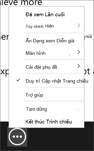 Ảnh chụp màn hình menu Tùy chọn trình chiếu khác, hiển thị mục Duy trì cập nhật trang chiếu được chọn.