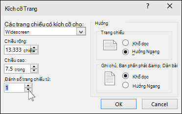 hiển thị hộp thoại kích cỡ trang chiếu trong PowerPoint