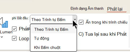 Trên tab Phát lại cho tệp âm thanh, có ba tùy chọn khi nào bắt đầu phát âm thanh.
