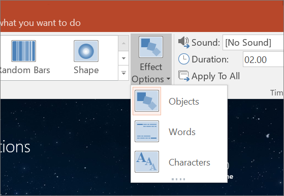 Hiển thị tùy chọn hiệu ứng chuyển tiếp cho tính năng chuyển tiếp Biến đổi trong PowerPoint 2016