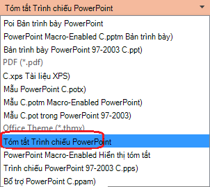 Danh sách các loại tệp trong PowerPoint bao gồm Trình chiếu PowerPoint (.ppsx).