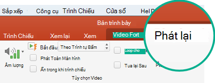 Khi chọn video trên trang chiếu, tab Phát lại sẽ xuất hiện trên dải băng thanh công cụ, cho phép bạn đặt các tùy chọn phát lại video.