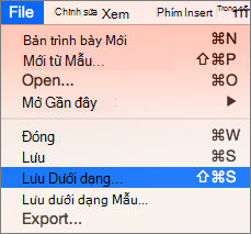 Hiển thị > menu Lưu Tệp Như trong PowerPoint 2016 cho Mac.