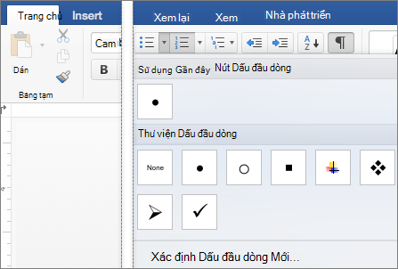 Tab Trang đầu với bộ sưu tập Dấu đầu dòng được hiển thị.