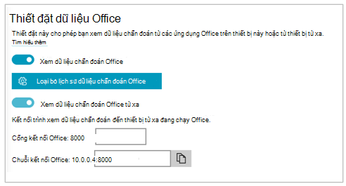 Ảnh chụp màn hình phần cài đặt dữ liệu Office trong Cài đặt cho Trình xem Dữ liệu Chẩn đoán