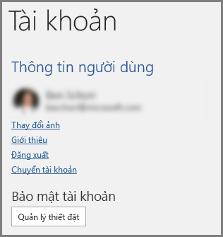 Bảng Tài khoản hiển thị Quyền riêng tư Tài khoản, nút Quản lý Cài đặt