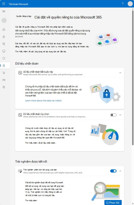 Trang cài đặt quyền riêng tư của Microsoft 365 với các tùy chọn kiểm soát dữ liệu chẩn đoán và trải nghiệm được kết nối.