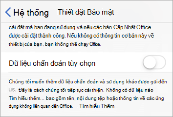 Ảnh chụp màn hình nút bật tắt Dữ liệu chẩn đoán tùy chọn