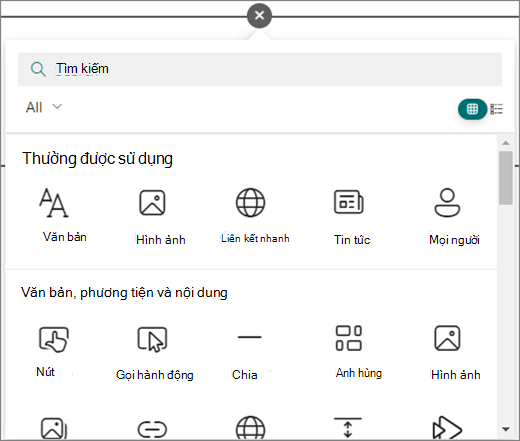 Chọn vòng tròn trong trang SharePoint bạn đang chỉnh sửa để xem các phần web sẵn dùng.