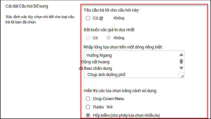 ảnh chụp màn hình cài đặt câu hỏi bổ sung