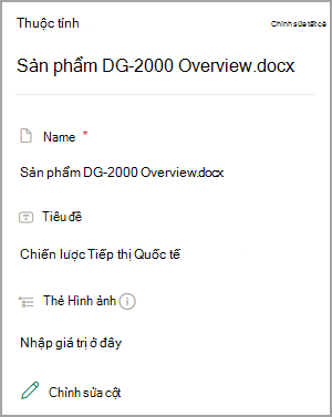 Ảnh chụp màn hình hiển thị Thuộc tính cho tài liệu trong thư viện SharePoint.
