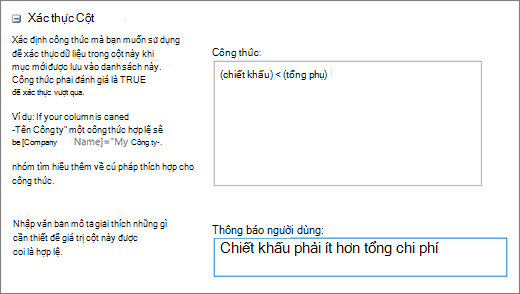 Hộp thoại xác thực cột với các trường được điền bằng dữ liệu mẫu