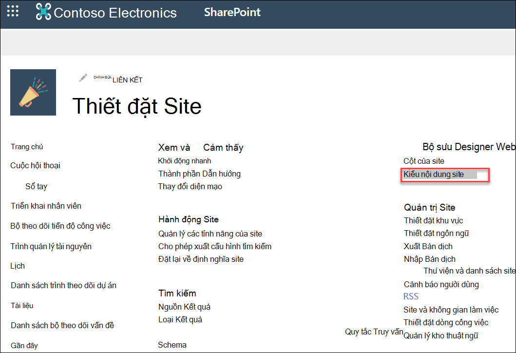 Tùy chọn Kiểu Nội dung Site trong hộp thoại Thiết đặt Site.