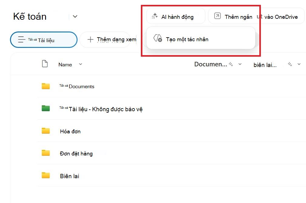 Ảnh chụp màn hình hiển thị nút để tạo tác nhân từ thư viện tài liệu SharePoint.