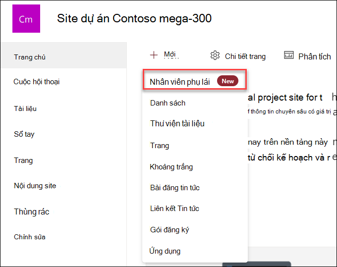 Ảnh chụp màn hình về việc tạo trợ lý ảo Copilot mới từ trang chủ của site