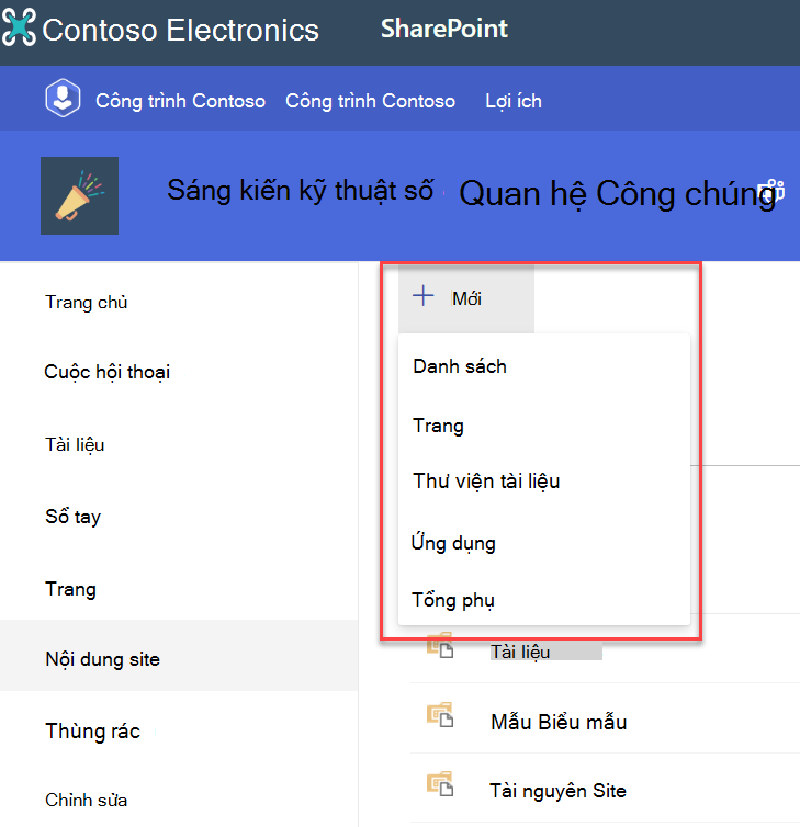 ảnh chụp màn hình về việc tạo nội dung site mới