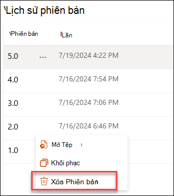 ảnh chụp màn hình khi xóa phiên bản