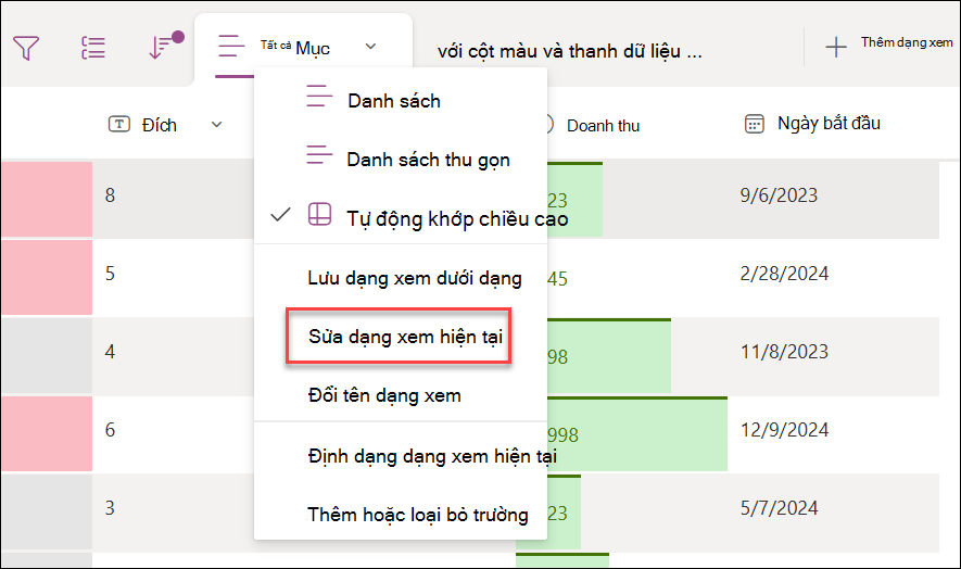 Ảnh chụp màn hình khi chọn chỉnh sửa dạng xem hiện tại