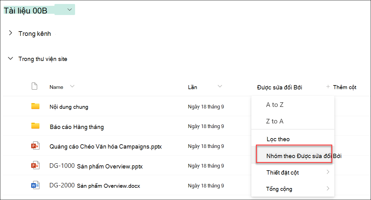 ảnh chụp màn hình nhóm theo tên cột