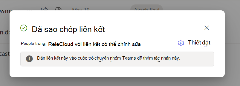 Hộp thoại để thông báo cho người dùng rằng liên kết chia sẻ đã được sao chép vào bảng tạm của họ.