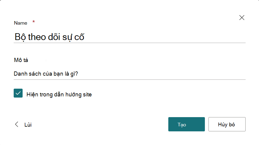 Hộp thoại để cung cấp tên và mô tả cho danh sách mới