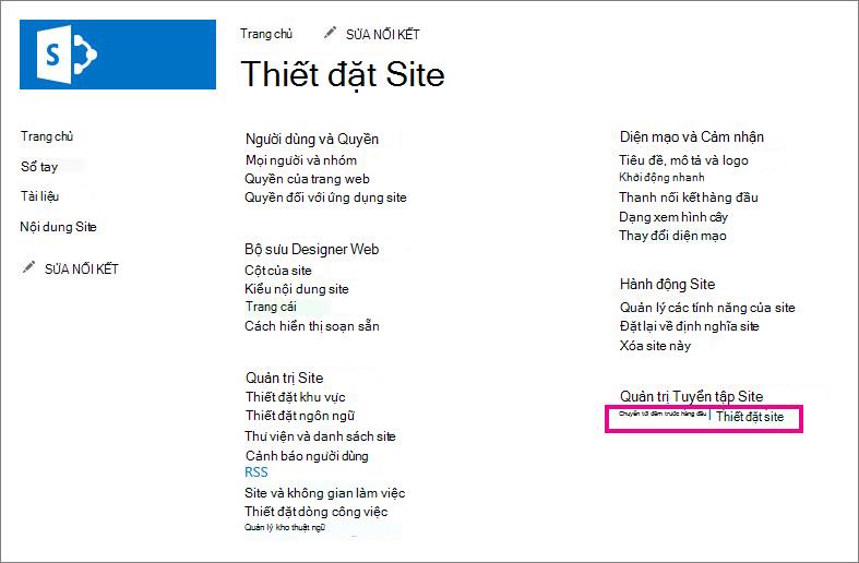 Đi đến thiết đặt trang mức cao nhất