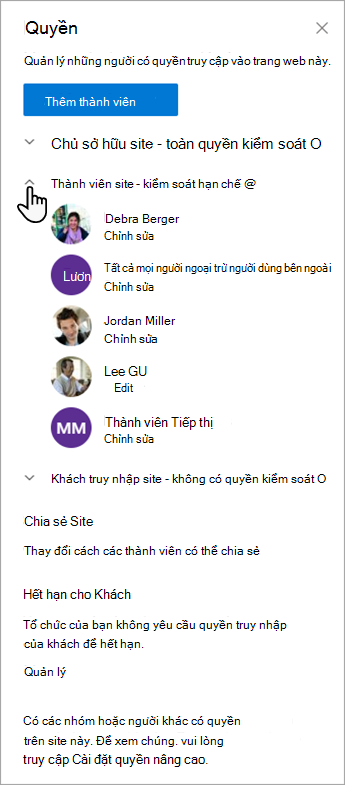 Hộp thoại Quyền cho phép bạn quản lý các thành viên và mức cấp phép của họ.