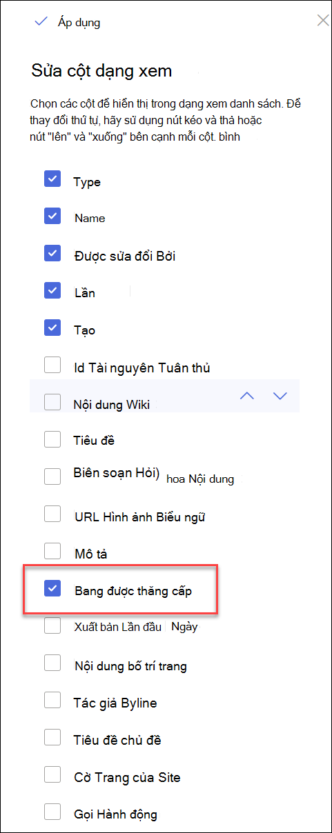 ảnh chụp màn hình trạng thái Tăng cấp được chọn