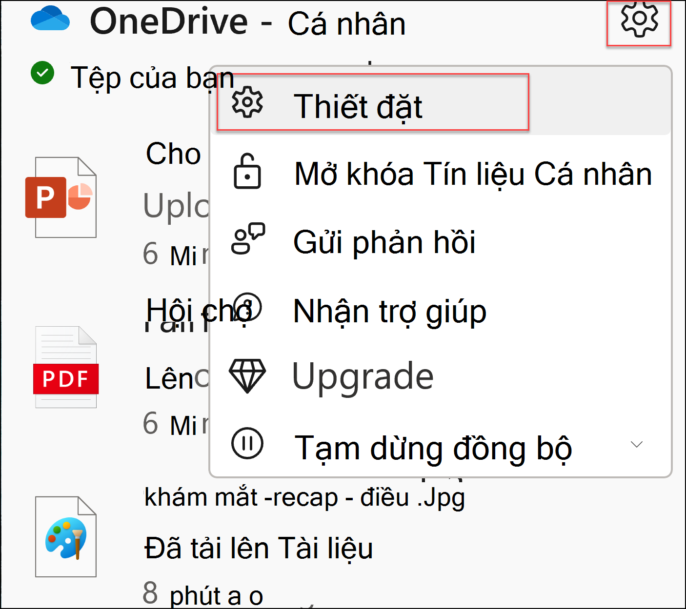 ảnh chụp màn hình cài đặt oneDrive