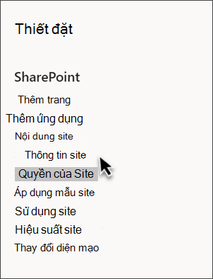 Ảnh chụp màn hình thiết đặt SharePoint với thông tin Site được chọn