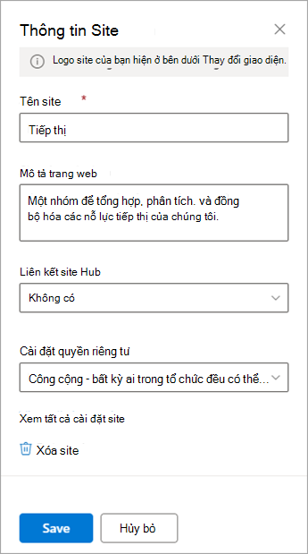 Các tùy chọn thiết đặt Thông tin Site cho site nhóm.