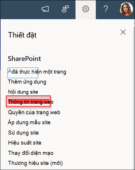 Tùy chọn Thông tin Site trong hộp thoại Thiết đặt.