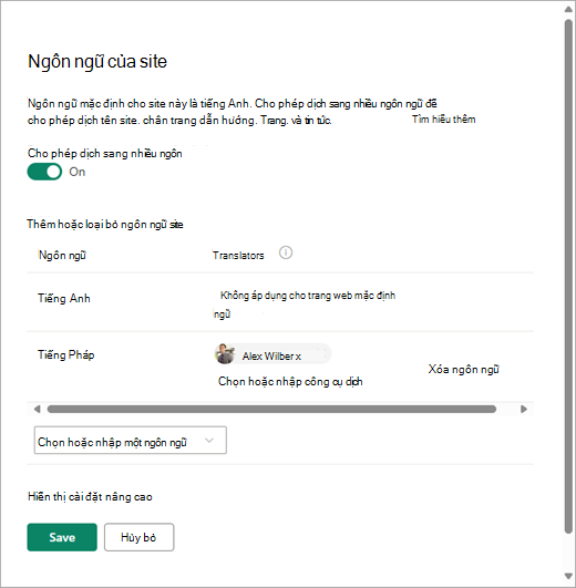 Ảnh chụp màn hình hiển thị trang Ngôn ngữ site trong SharePoint.