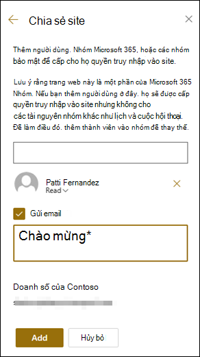 Bản xem trước ngăn Chia sẻ site.