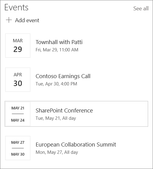 Đầu vào phần web Sự kiện mẫu cho site Hub hiện đại trong SharePoint Online