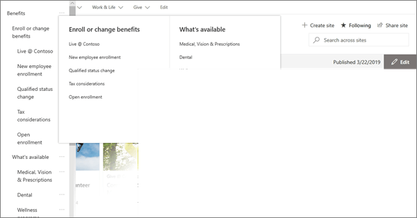Ví dụ về dẫn hướng MegaMenu cho site Hub hiện đại trong SharePoint Online