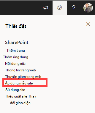 Thiết đặt với áp dụng mẫu site được tô sáng.