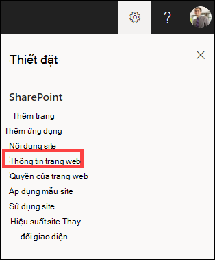 Ngăn Cài đặt mở với thông tin site được tô sáng.