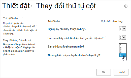 Hộp thoại Thay đổi thứ tự câu hỏi với danh sách thả xuống trên một câu hỏi được tô sáng