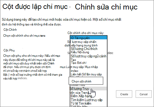 Sửa trang chỉ mục với cột được chọn từ hộp thả xuống
