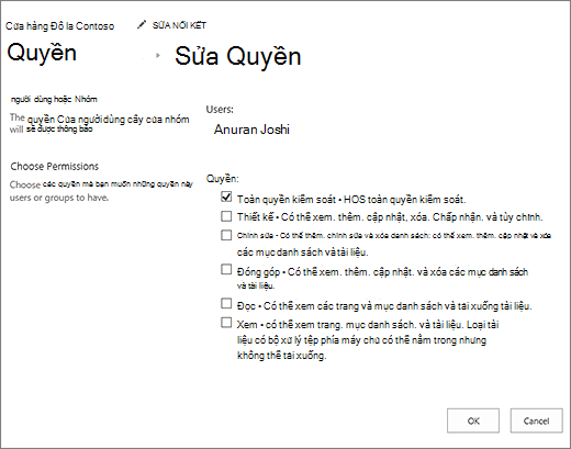 Thay đổi mức cho phép trong hộp thoại quyền