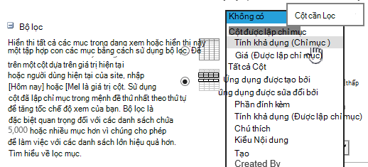 Trong SharePoint Online, chọn một trường được lập chỉ mục