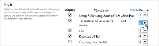 Sắp xếp lại các cột Thư viện trong hộp thoại Sửa đổi dạng xem