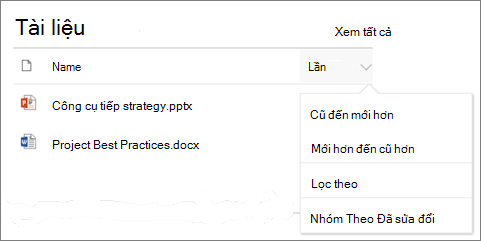 Phần web Thư viện Tài liệu hiển thị menu sắp xếp, lọc và nhóm