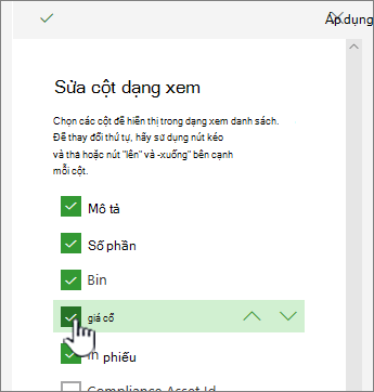 chọn hoặc bỏ chọn cột để hiện hoặc ẩn